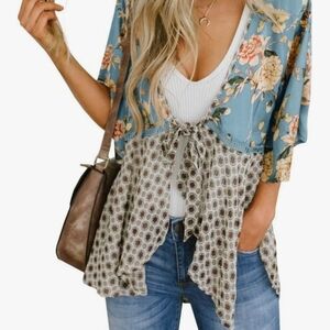 Floral Kimono Boho Cardigan with Tie Front NEW NWT Beach Vaca Wear